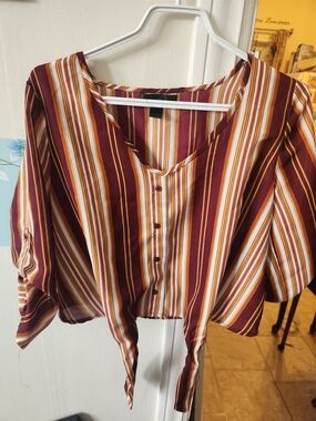 Striped V-Neck Tie-Front Blouse in Burgundy, Mustard and Cream